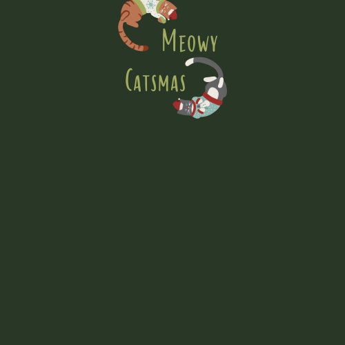 Cats wearing Santa hats and Christmas sweaters surrounding typography that reads Meowy Catmas