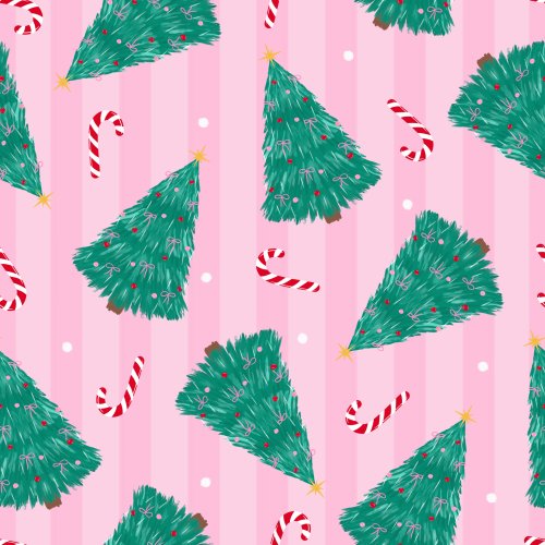 Multidirectional Christmas trees on pink cabana stripes 