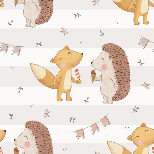 fox and hedgehog holding ice cream cones on stripe background