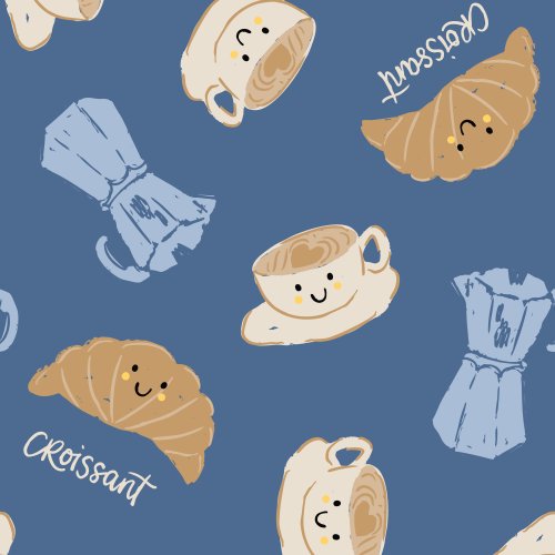 cute breakfast pattern with tossed croissants, moka coffee pots and cafe coffee with faces.