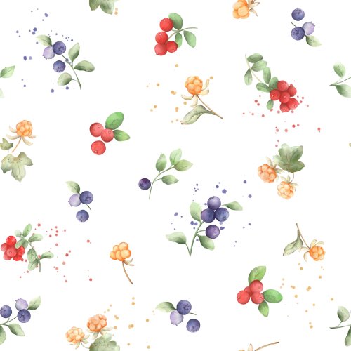 Hand painted watercolor berry pattern. Cloudberry, blueberry and huckleberry. 