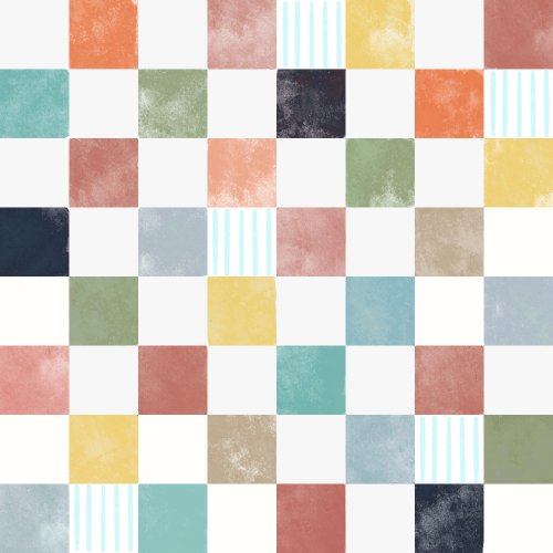 multicolored watercolor checker with notebook paper detail in some squares