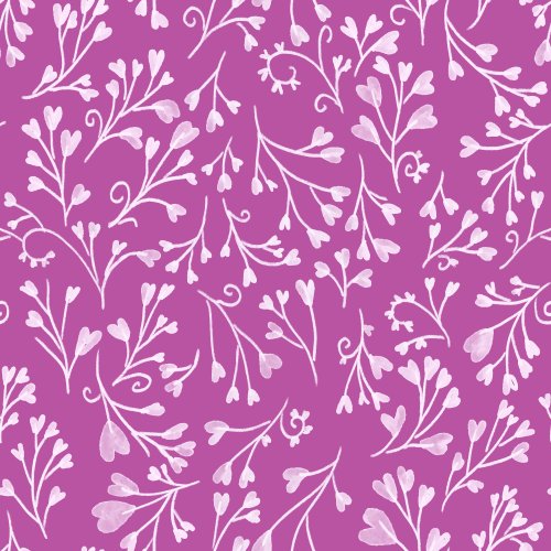 Hand drawn leaves and vines with hearts on a magenta color way