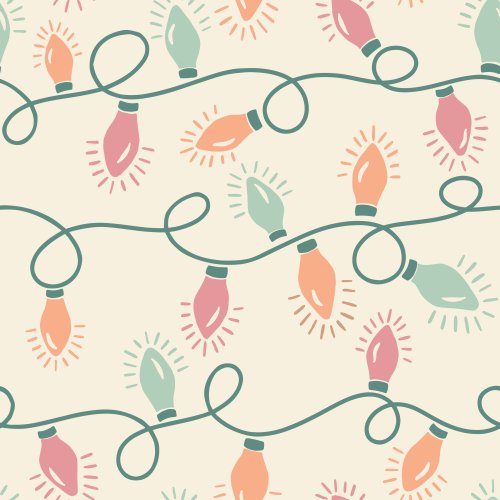 Seamless pattern of colourful retro Christmas fairy lights with looping green wire on a warm cream background