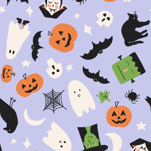 tossed halloween characters and objects in a cute and gender neutral pattern