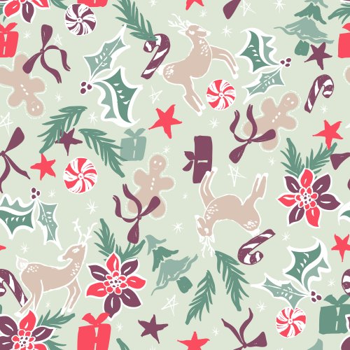 Christmas Favourites in Green and red. Bows, gingerbread men, christmas trees, candy cane, reindeer and vintage flowers.