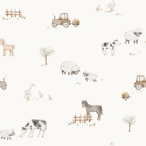 Cute farm design for children. Horse, tractor, cow, sheep, fence. Hand drawn.