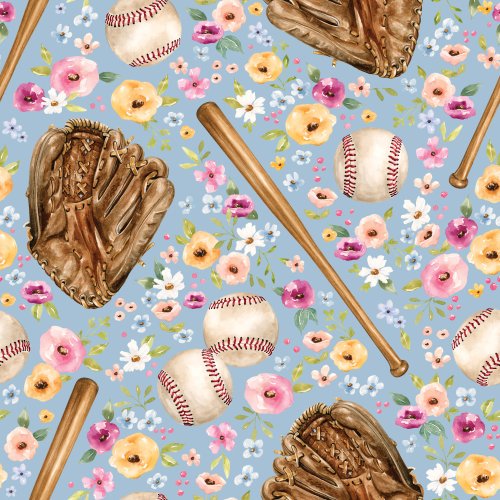 Sports floral fabric design with baseballs, baseball mits and bats