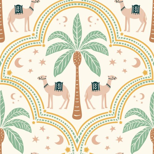 Desert-inspired seamless pattern with camels, palm trees, arches, stars and crescent moons in soft sage, ochre and blush.