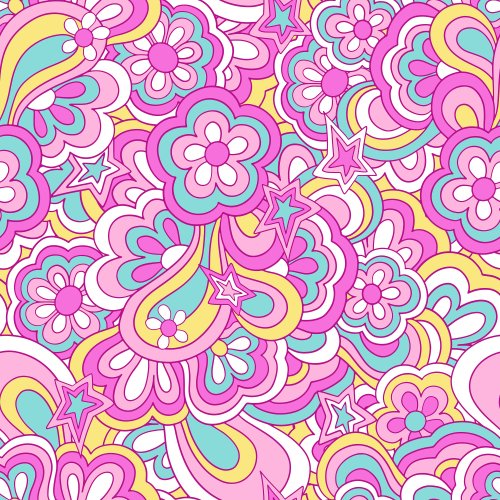 Groovy Retro rainbows and stars with retro flowers in bright pink yellow and aqua blue