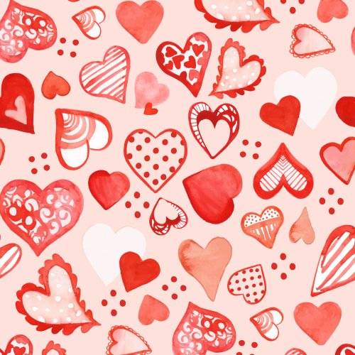 Valentine's Day design with red watercolor hearts on pink background