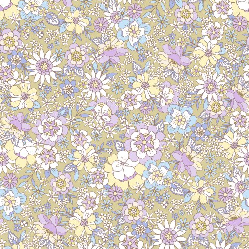 olive green retro floral with yellow and purple flowers