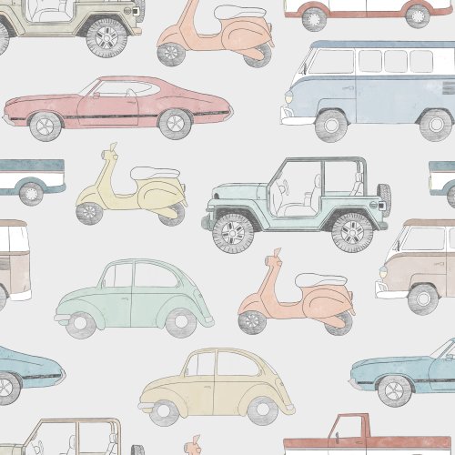 Hand drawn vintage cars in muted colors with a grey background