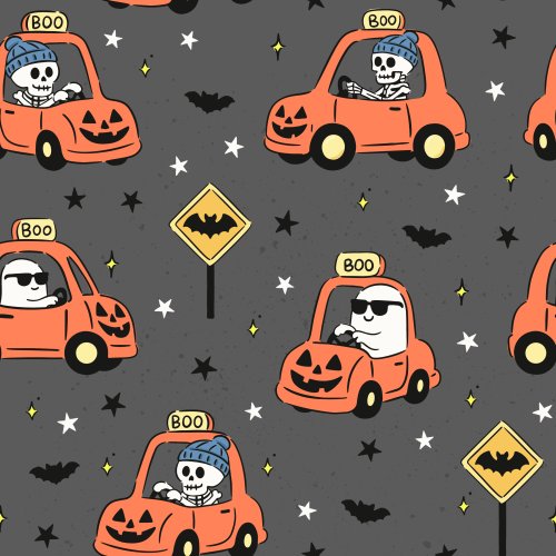 monsters driving pumpkin cars halloween