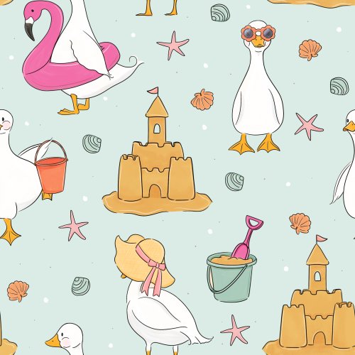 Whimsical Geese at the beach with with sandcastles 