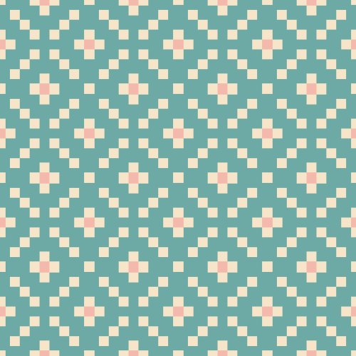 A simple repeating quilt block consisting of turquoise, pink, and cream