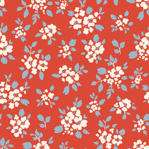 A retro summer Americana floral toss featuring buttercream blossom clusters and dusty denim-blue leaves scattered across a warm Americana red background.