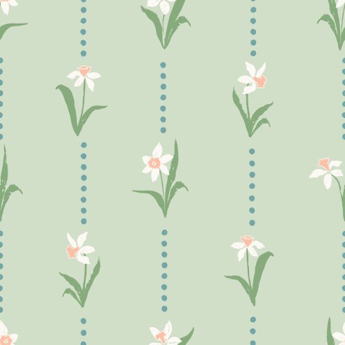 a dainty striped floral pattern with daffodils and dots, in two colorways; white flowers on mint, white flowers on sky blue