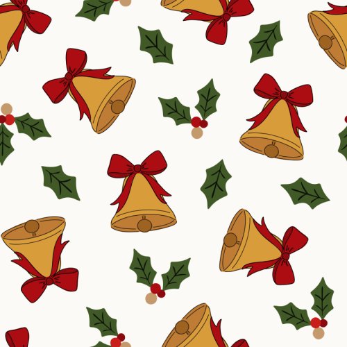Tossed Christmas bells with red bows and holly 