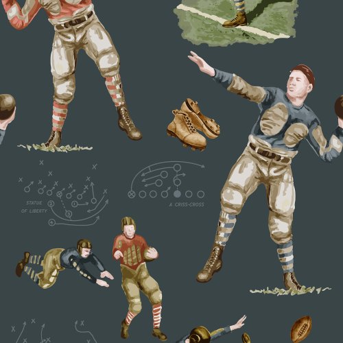 Vintage-inspired fabric pattern featuring players in classic football attire, performing various plays, accompanied by bulldog mascots and old-style footballs against a dark blue background.