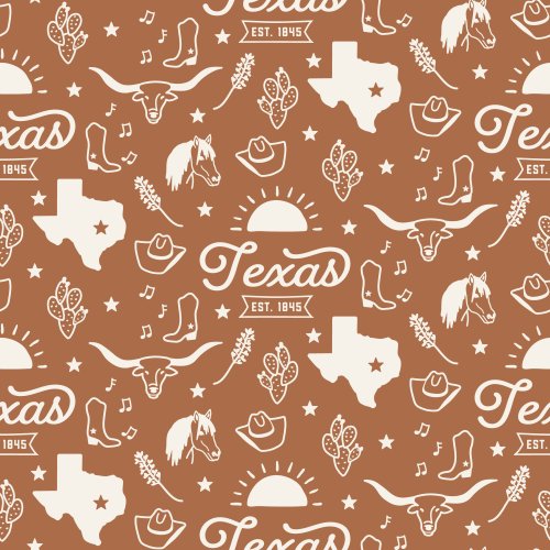 Hand drawn motifs representing Texas, with retro script and established date.