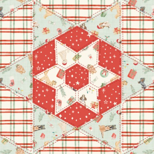 hexagon star quilt pattern with dog patterns, red and green plaids and stars.