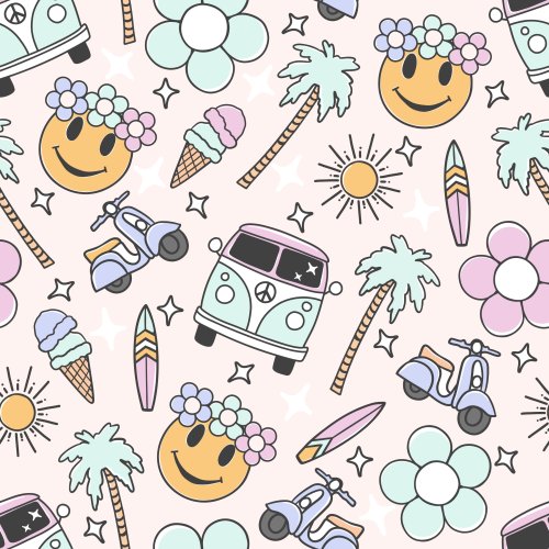beach design with smiley face, VW Van, palm trees