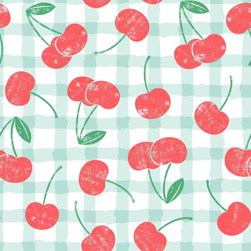 Cherries on a mint green plaid background. 
