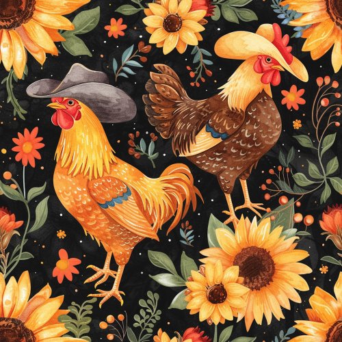 country western chickens in cowboy hats with sunflowers