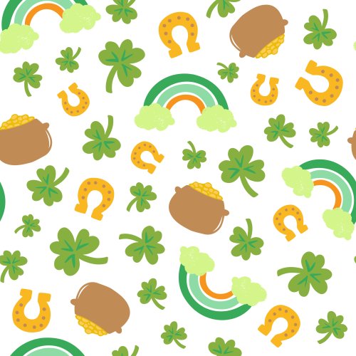 Saint Patrick's Day tossed rainbows, pot of gold, clovers, horse shoes