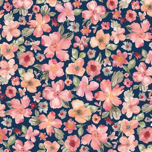 Hand-painted watercolor peach and pink blossoms on a dark background of navy, maroon, and deep green