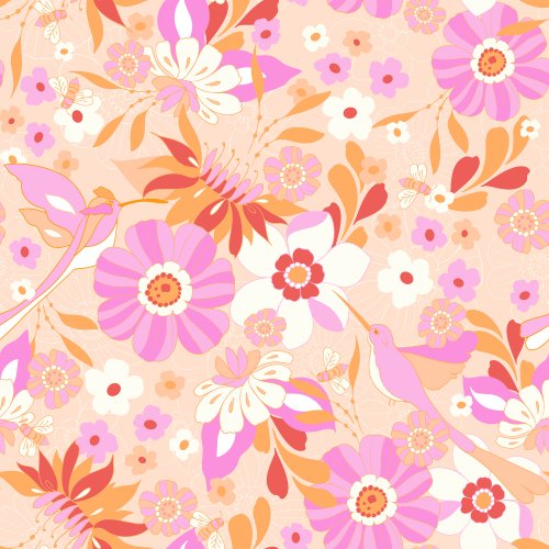 Vintage honeybirds and retro flowers in peach and pink