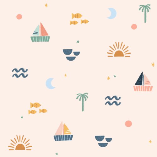 Inspired by the simplicity and joy of a day at the beach, these sweet, summery motifs include palm trees, fish, sailboats, sunshine, and more.  