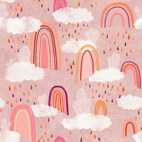 Playful rainbows with fluffy clouds and falling raindrops scattered across a soft sky background.