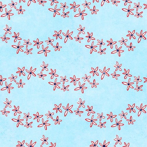 a scalloped floral linear pattern red white and blue hand drawn