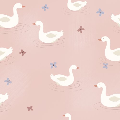 White Swans drifting between butterflies on a pink background 