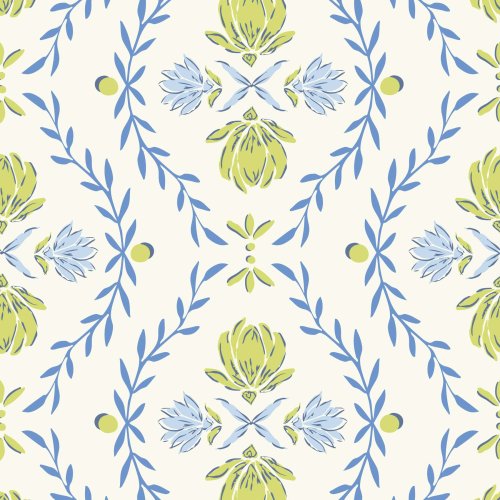 blue and green block print floral clusters with trailing leaves on a cream background