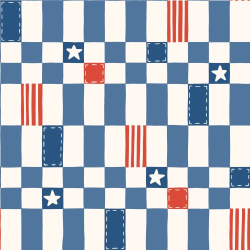 Bold denim-blue and cream checkerboard gingham forms the base of this quilt-inspired pattern, topped with scattered stitched patch rectangles, tiny folk stars, and brick-red stripe accents for a fresh Americana feel. 