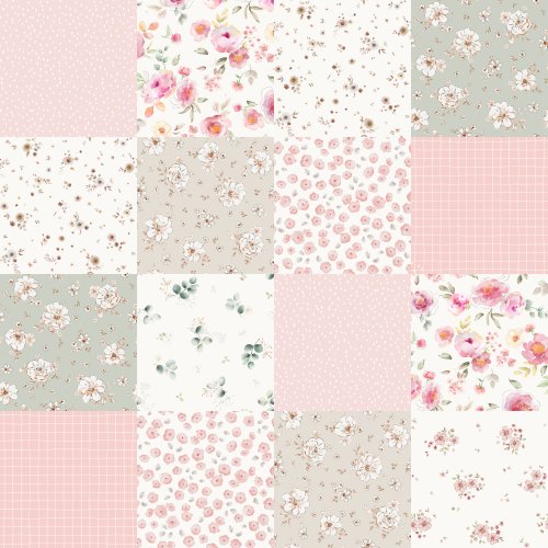 Hand drawn patchwork cheater quilt with cottage florals. 