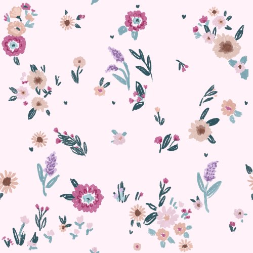 ditsy florals on pink and teal some with books about unicorn tales and apples