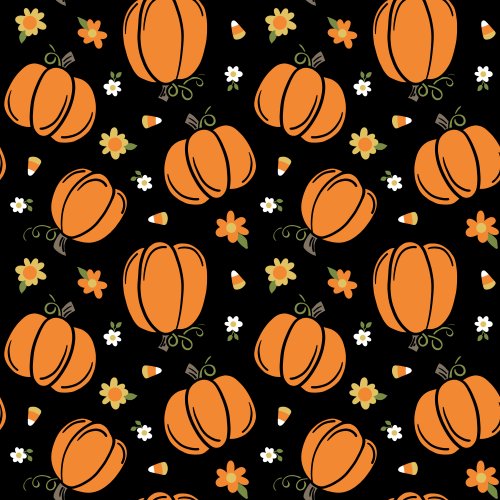 pumpkins, candy corn, and flowers on a black background