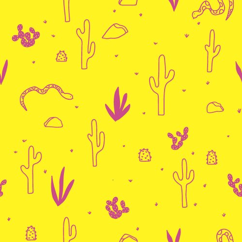 A pattern full of desert things in the southwest like saguaro cactus, prickly pear cacti, rattlesnakes, and rocks.