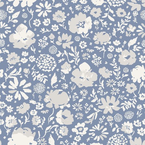 Handpainted florals scattered across a blue background