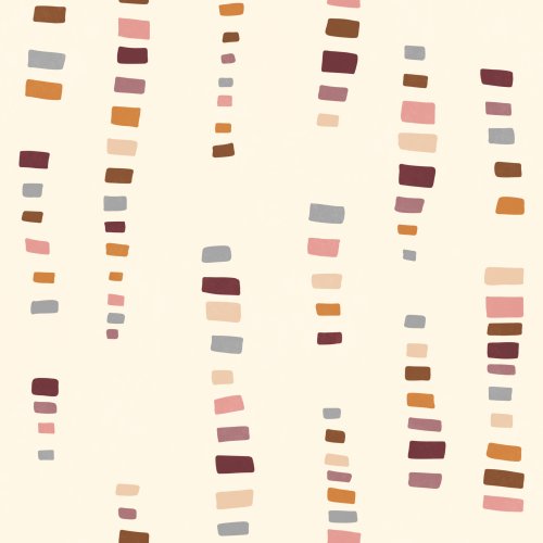 Playful geometric pattern of uneven rectangular shapes in soft autumn hues of orange, burgundy, pink, and grey on a cream background.