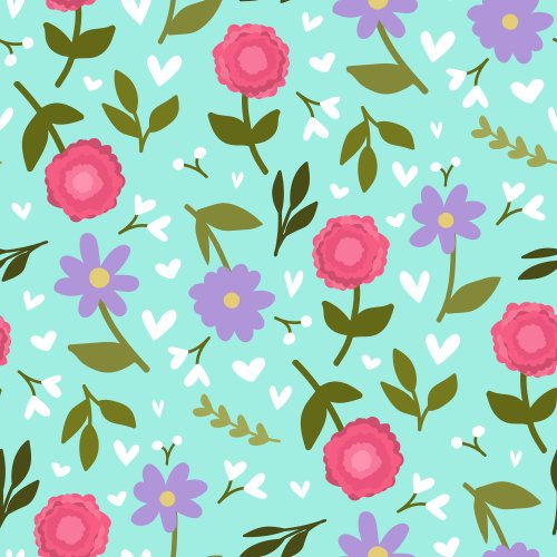 pink and purple flowers and white hearts on a light mint background