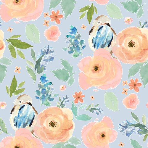 Spring floral fabric design with bird in pastel colors