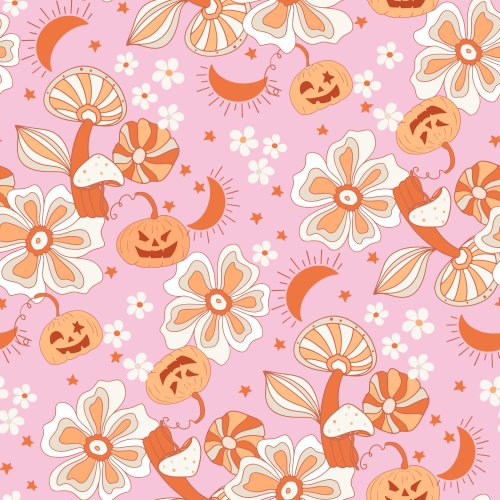 Retro Halloween Fall Mushrooms and psychedelic flowers and jack o lanterns in candy pink and peach orange