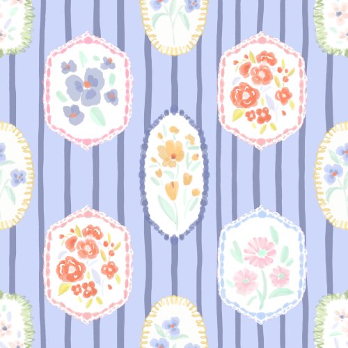 Hand drawn frames with colorful florals on a purple tonal striped background for a vibrant take on granny core or cottage core