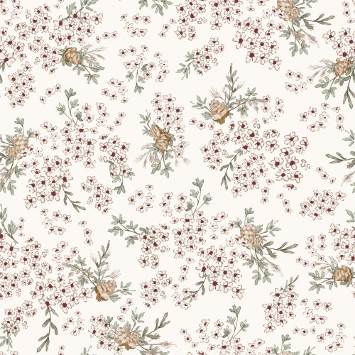 A woodland floral and acorn pattern in festive Christmas colors