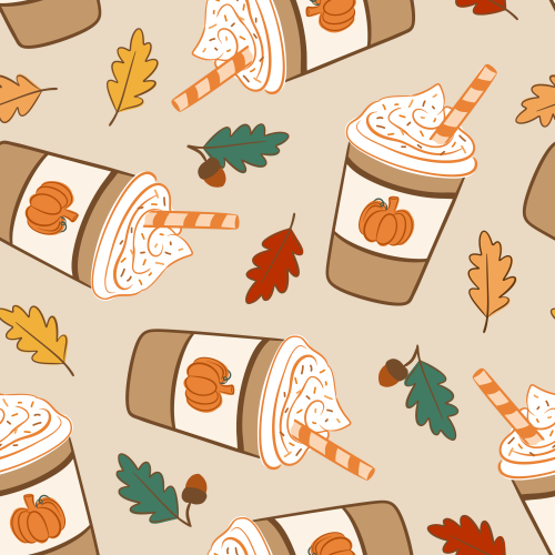 Tossed Pumpkin spice latte, acorns, autumn leaves.
